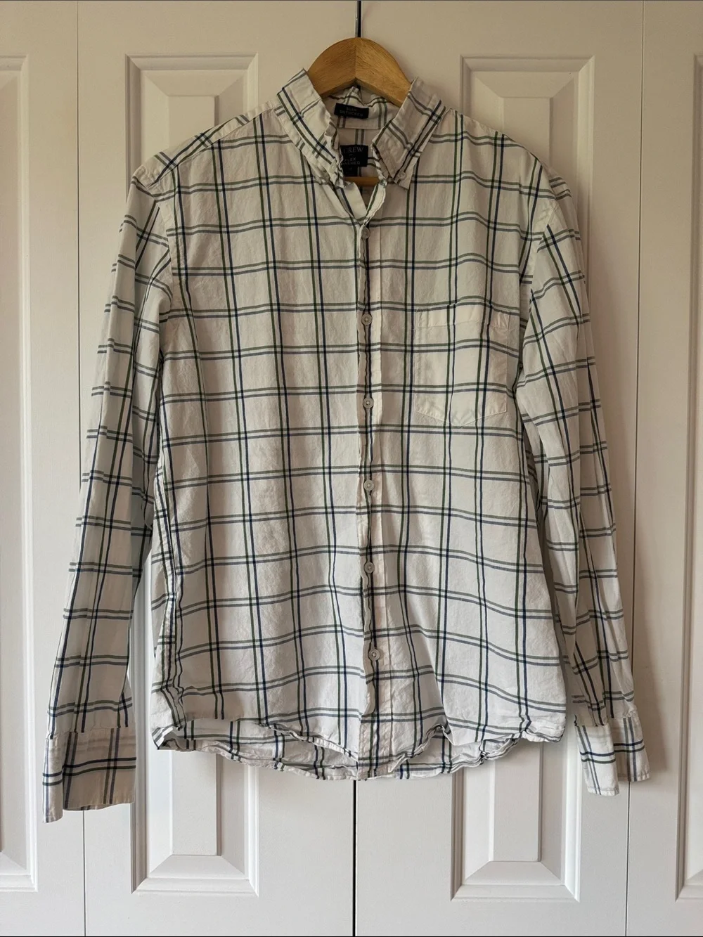 J. Crew White Plaid Button-Down Shirt with Blue and Green Grid